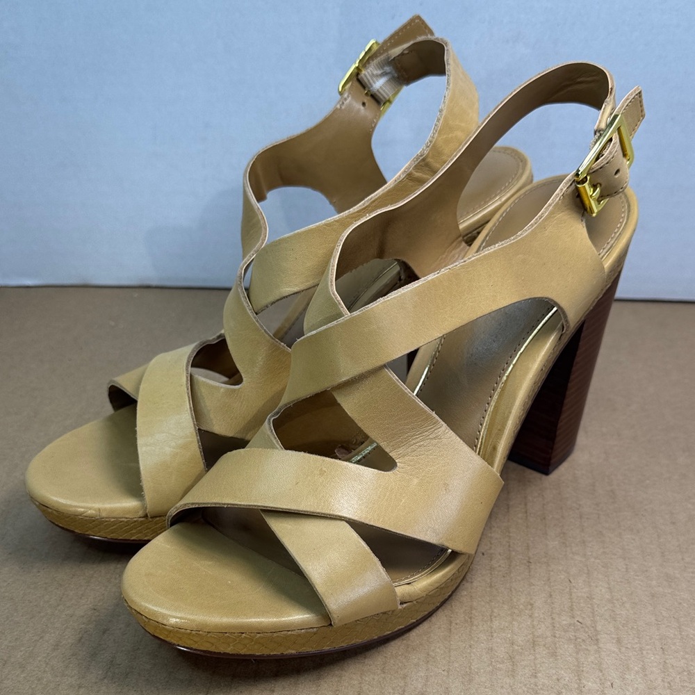 Lauren Ralph RLL Womens Fabia Tan Caramel Strappy Leather Heels Sandals, sz 11